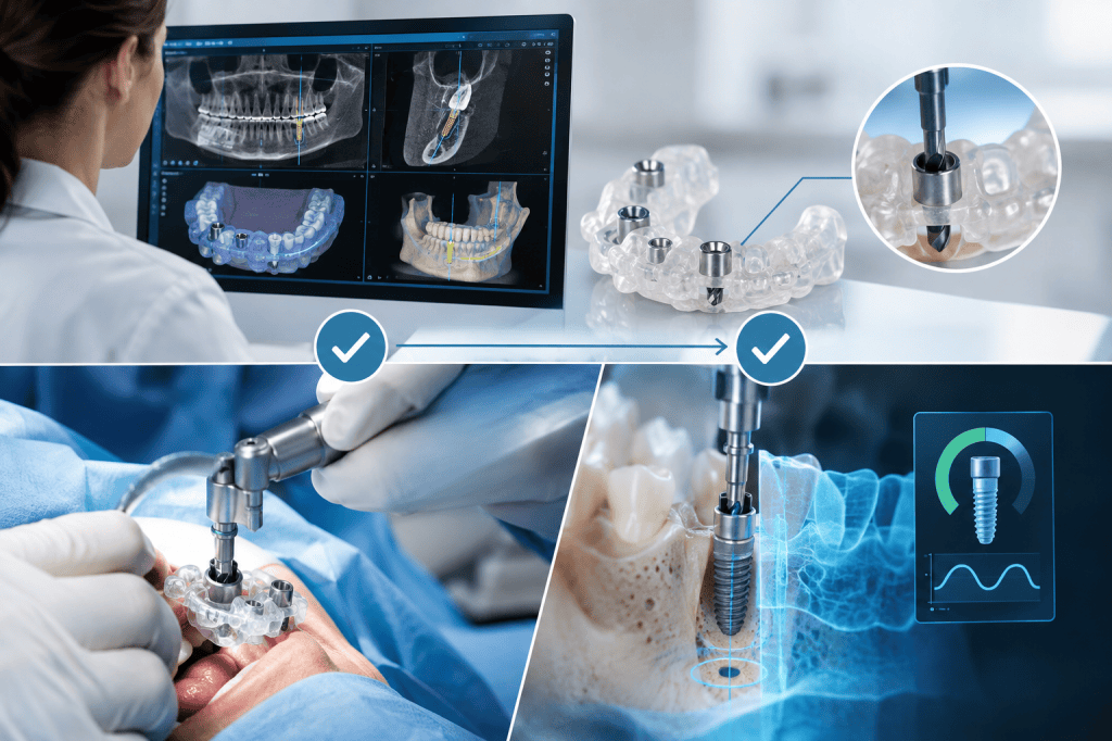 Chirurgia implantare guidata con pianificazione digitale CBCT, mascherina chirurgica personalizzata e verifica della posizione e della stabilità dell’impianto durante l’intervento.