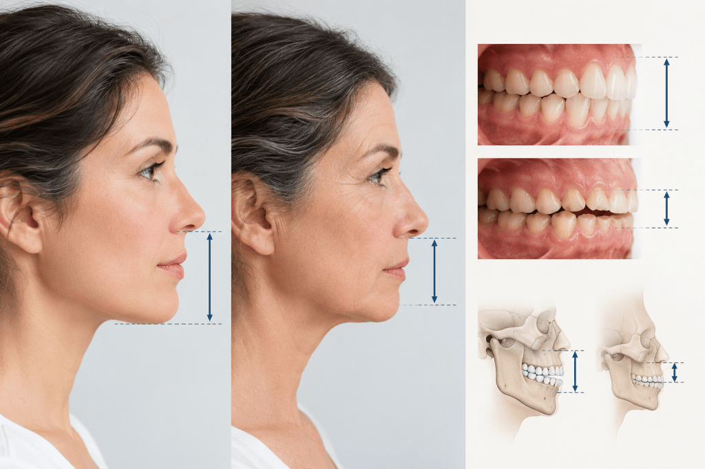 Confronto tra un volto giovane e uno più maturo di profilo, con evidenza della riduzione dell’altezza del terzo inferiore del viso associata alla diminuzione della dimensione verticale di occlusione. A destra, immagini di denti e schemi del cranio mostrano la differenza tra una corretta dimensione verticale e una ridotta per usura dentale.